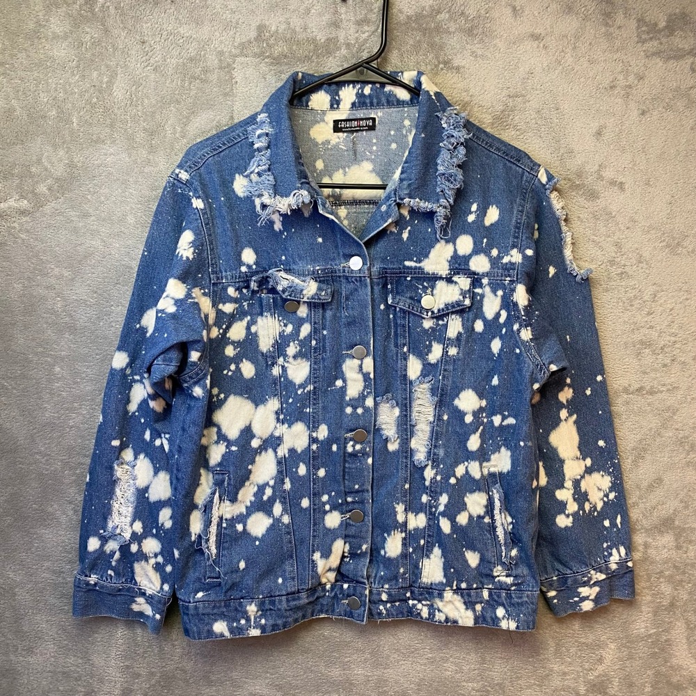 Fashion Nova Bleach Splash Distressed‎ Denim Jacket Aquarius Blue Medium